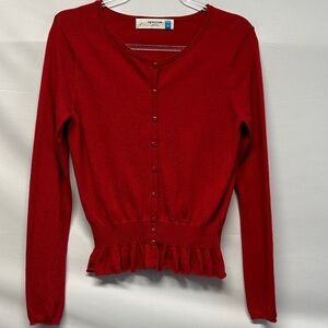 Sparrow Anthropologie Red Ruffled Cotton Cashmere Blend Cardigan Sweater M EUC